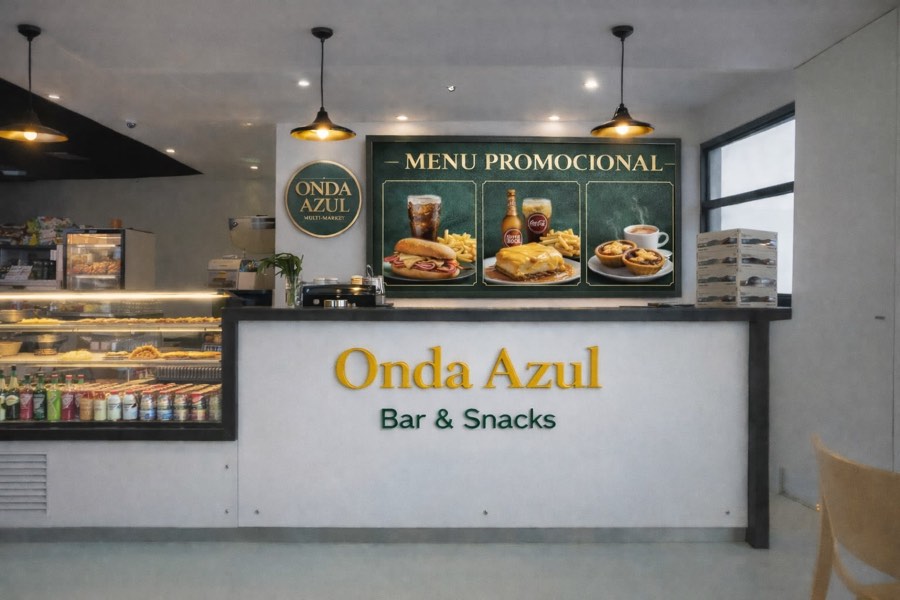 O balcão do Bar & Snacks, com a vitrine da pastelaria e o menu promocional