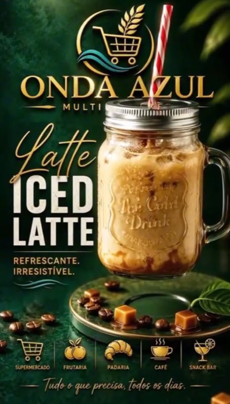 Cartaz do iced latte da Onda Azul: frasco de asa com café gelado, grãos de café e caramelo