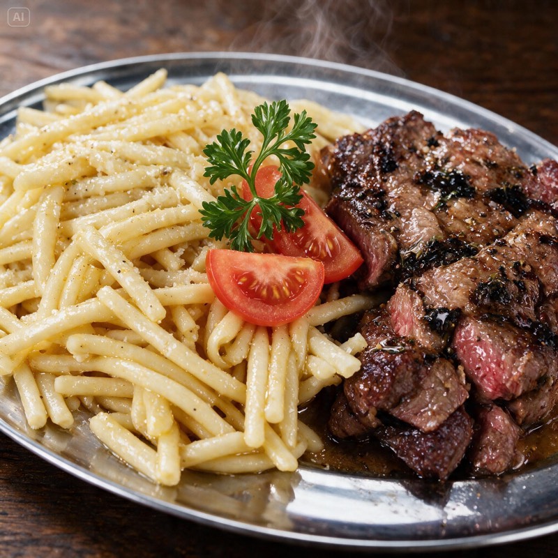 Bife com massa num prato de inox