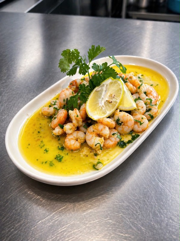 Travessa de gambas em alho, limão e salsa